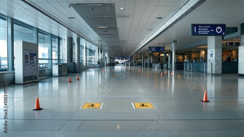 A spacious airport terminal with social distancing markers and directional signs.