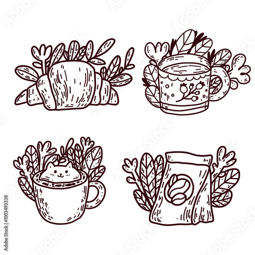 Set of vector icons with foam coffee in the form of a cat, tea, croissant and drip coffee in a bag. Decorated with flowers, leaves for cafe menu.