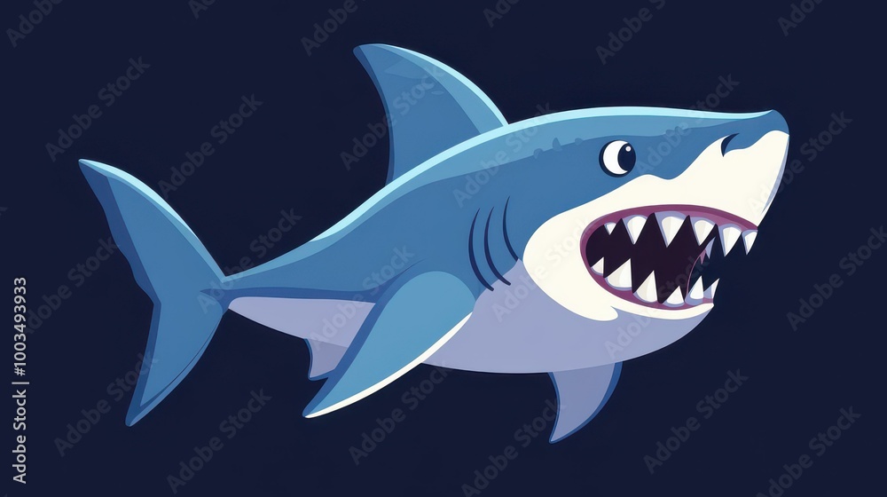 A cute shark cartoon with basic shapes, showcasing a flat design style perfect for kids materials or fun decor. A cute shark cartoon with basic shapes, showcasing a flat design style perfect for kids materials or fun decor.