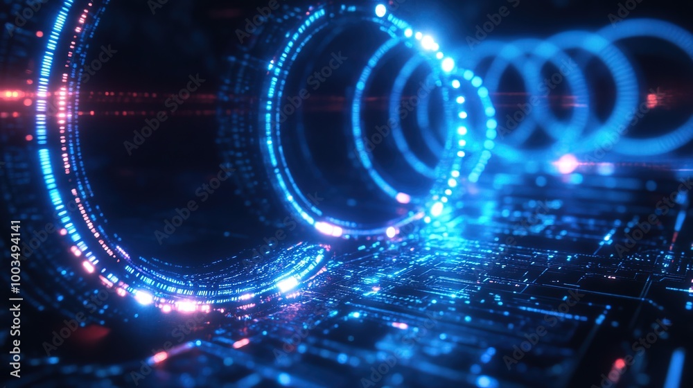 Fototapeta premium Abstract technology background, blue neon glowing circular, ring shapes