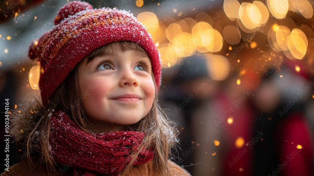 A joyful child in winter attire gazes up, surrounded by festive lights and a warm atmosphere. A joyful child in winter attire gazes up, surrounded by festive lights and a warm atmosphere.