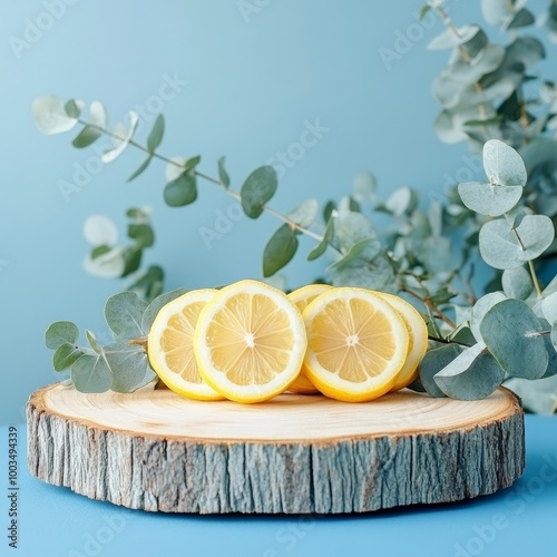 Lemons and eucalyptus branches on a blue background photo