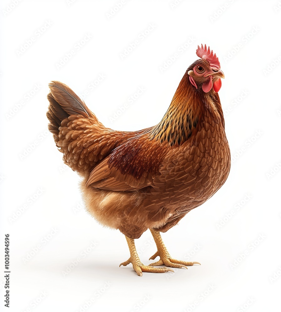 Fototapeta premium A brown hen standing on a white background.