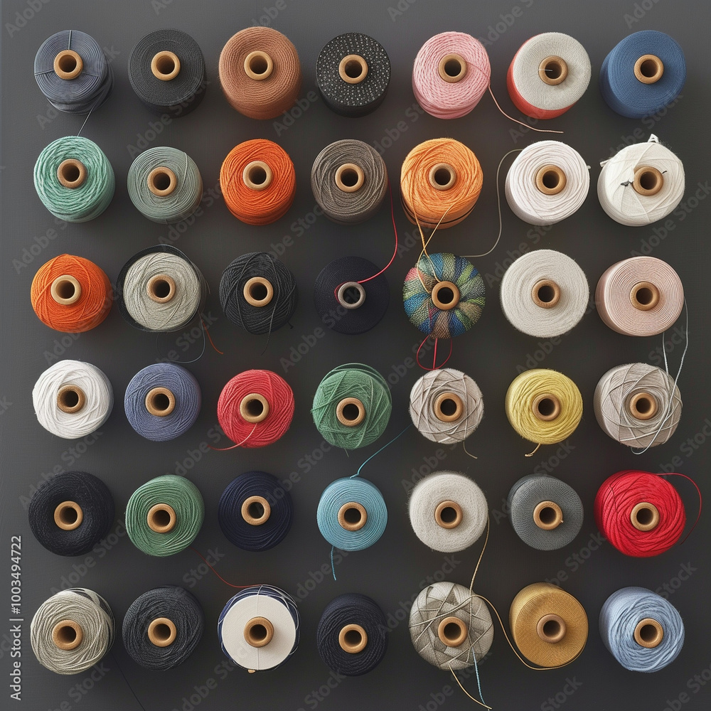 Fototapeta premium Multicolored yarn spools used in textile industry. Set of colored threads for sewing on coils. Pile of big colorful spools of thread. Colored thread spools of thread large class, textiles, background