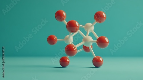 A 3D rendering of a molecular structure with red and white spheres connected by white rods, isolated on a blue background. photo