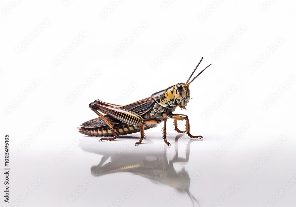 Fototapeta premium A grasshopper with brown and black stripes, isolated on a white background.
