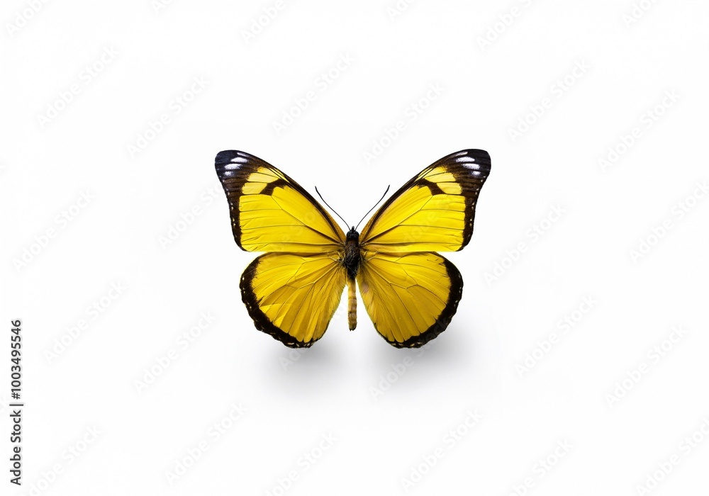 Fototapeta premium A single yellow butterfly with black markings on its wings is isolated against a white background.