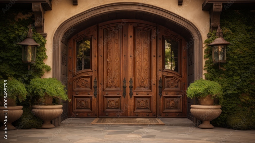 Fototapeta premium Ornate Wooden Doors Leading to a Luxury Home