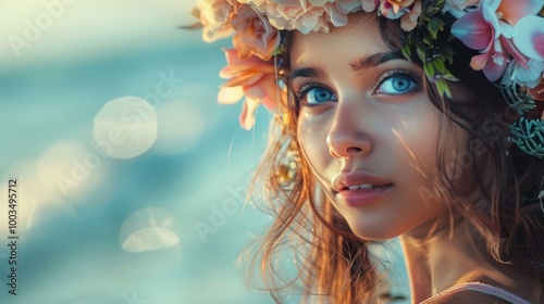 Beautiful girl with a wreath on her head on a blurry beach background AI generated image