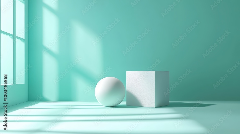 White sphere and cube on teal White sphere and cube on teal