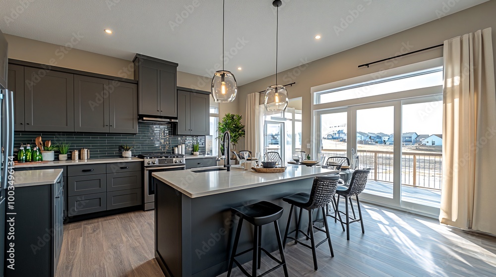 Modern kitchen with large island, grey cabinets, white countertops, and sliding doors to a deck. Modern kitchen with large island, grey cabinets, white countertops, and sliding doors to a deck.