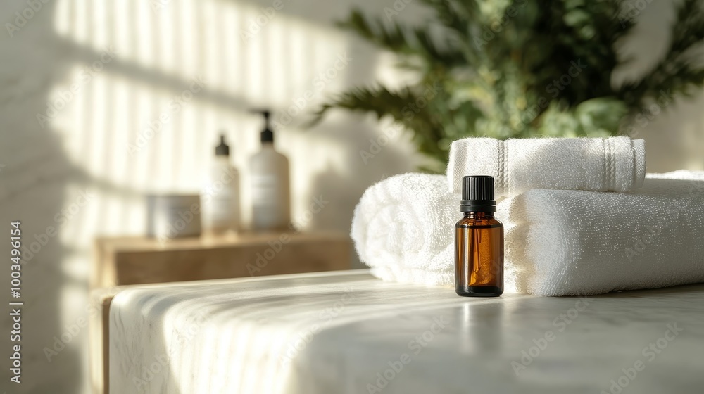 Serene Spa Ambiance - Close-up of Aromatic Essential Oils and Crisp Towels on Massage Table, Bathed in Natural Light with Minimalist Aesthetic