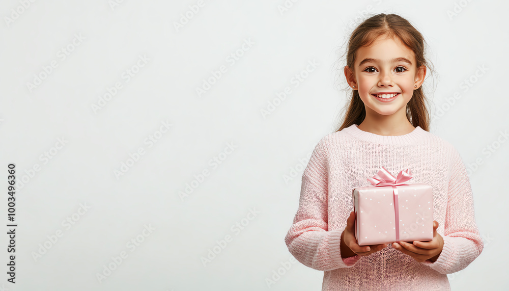 Cheerful girl holding a pink gift box, smiling brightly against a white background. Cheerful girl holding a pink gift box, smiling brightly against a white background.
