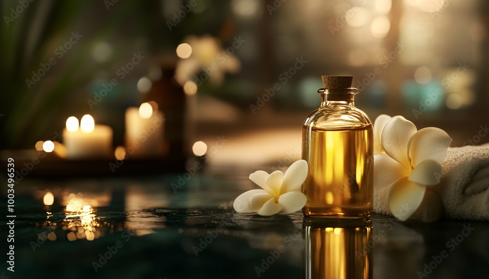 A serene spa scene featuring a bottle of essential oil, candles, and delicate flowers, perfect for relaxation and wellness imagery. A serene spa scene featuring a bottle of essential oil, candles, and delicate flowers, perfect for relaxation and wellness imagery.