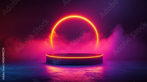 A futuristic podium with neon lights and smoke. photo