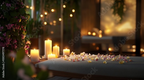 Serene Massage Room with Candlelit Ambiance and Floral Decor, Bathed in Soft Natural Light and Warm Shadows for Relaxation