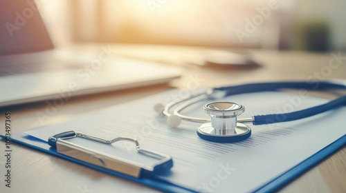 A stethoscope on a clipboard with a laptop in a medical office setting.