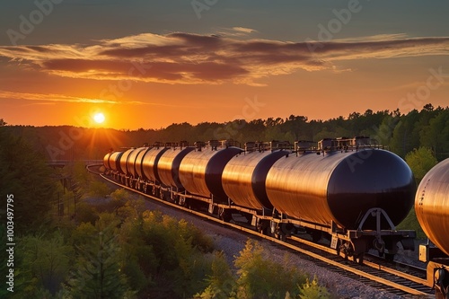 A Train of Tanker Cars at Sunset photo