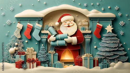 Paper-cut style Santa Claus joyfully wrapping presents, rolls of wrapping paper and bows all around, intricate details of holiday decorations, stockings hanging from the fireplace, photo