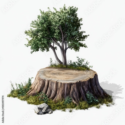 Tree on a stump in the garden, 3d render, white backgroundTree on a stump, 3d render, isolated on white background photo