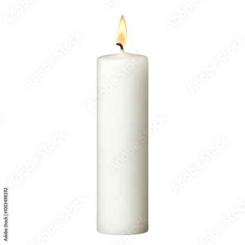 A sleek candle burns bright, casting a warm glow against a pure white backdrop, perfect for enhancing any spaces ambiance.