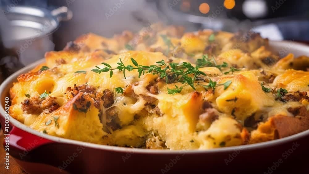 Freshly baked breakfast casserole is served in a red ceramic dish, garnished with fresh thyme. The warm light of christmas lights twinkles in the background Freshly baked breakfast casserole is served in a red ceramic dish, garnished with fresh thyme. The warm light of christmas lights twinkles in the background