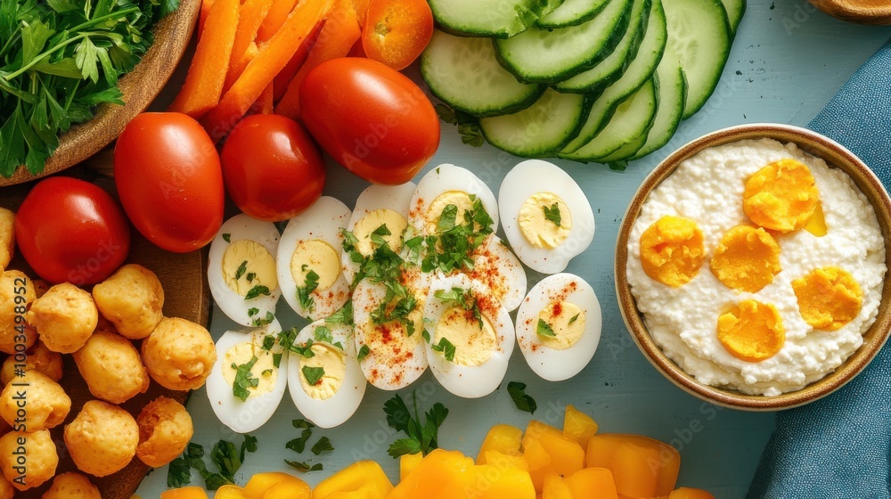 A creative display of protein-packed snacks, such as hard-boiled eggs, cottage cheese, A creative display of protein-packed snacks, such as hard-boiled eggs, cottage cheese,