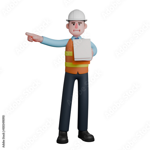 3D Professional in Architecture. An Architect stands with his left hand holding a clipboard while his right hand points in a certain direction. Male Architect