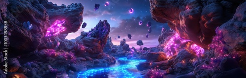  Mystical Canyon with Glowing Blue Rivers Carving Through Jagged Red Rocks, Surrounded by Bioluminescent Plants and Creatures that Glow in the Twilight. Fantasy Scenery photo