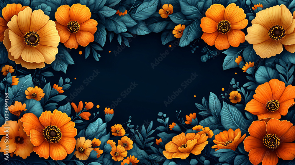 Fototapeta premium Vibrant marigold floral frame for dia de los muertos celebration on deep blue background with copy space. Perfect for festive event promotions and invitations.