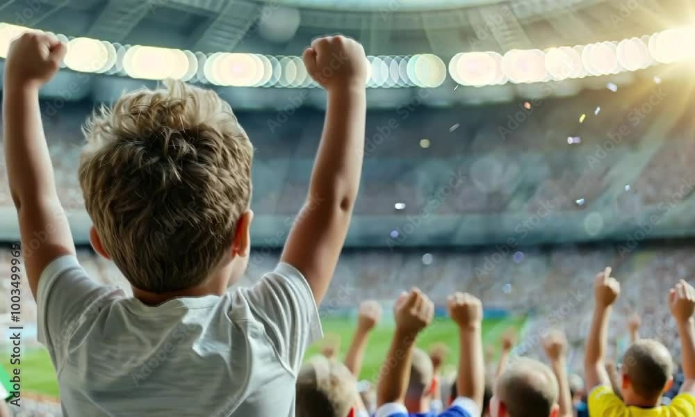 Young Child Celebrating Victory at a Packed Sports Stadium Young Child Celebrating Victory at a Packed Sports Stadium