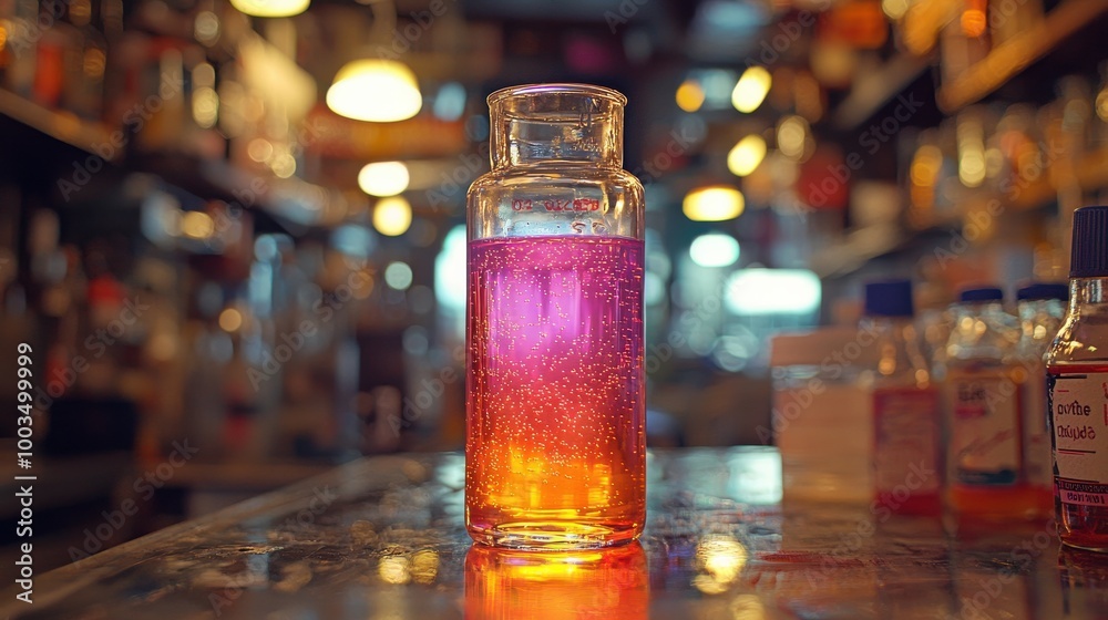 Colorful bubbling liquid in a glass container illuminated by warm light in a laboratory filled with various bottles and equipment Colorful bubbling liquid in a glass container illuminated by warm light in a laboratory filled with various bottles and equipment