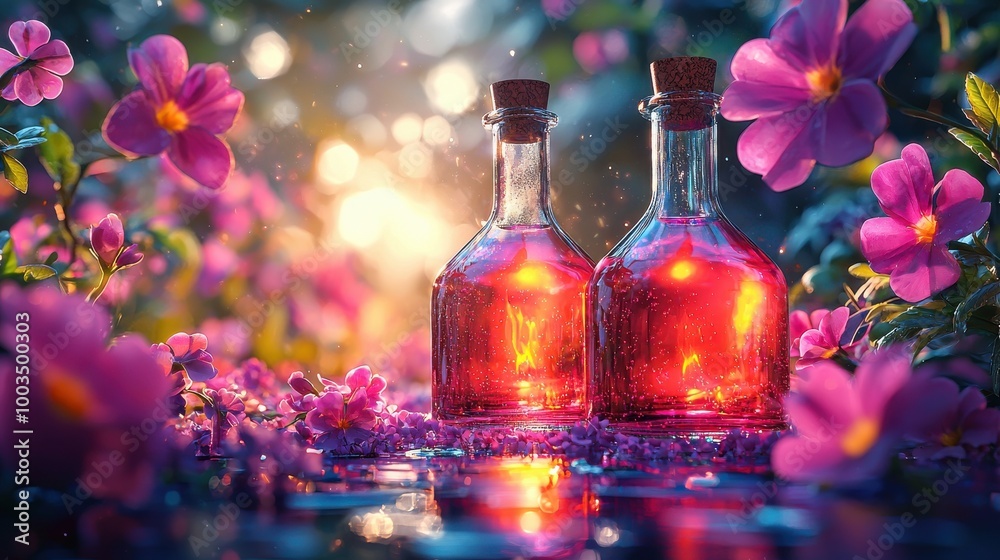Two glass potion bottles surrounded by vibrant flowers and soft sunlight in a serene garden setting during golden hour Two glass potion bottles surrounded by vibrant flowers and soft sunlight in a serene garden setting during golden hour