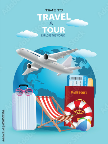 Summer travel time vector banner design. Travel time  with airplane, bag luggage and floaters elements for website booking advertisement background. travel tours promotion.