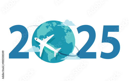 Happy New Year 2025 number with travel by airplane around the world on 2025 year on white background.