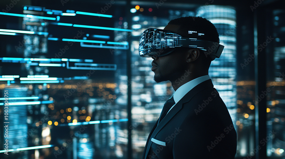 Side view of a young Black man wearing a VR headset in an office, surrounded by holographic digital data and futuristic cityscape, using virtual reality technology for training or gaming at night. Side view of a young Black man wearing a VR headset in an office, surrounded by holographic digital data and futuristic cityscape, using virtual reality technology for training or gaming at night.