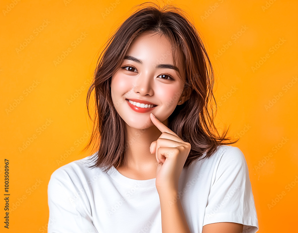 Young Asian woman smiling and pointing at her lips on a yellow background. Young Asian woman smiling and pointing at her lips on a yellow background.