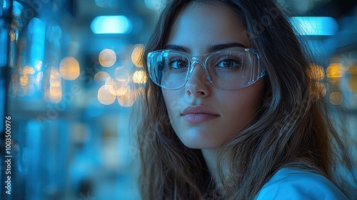 Young woman with glasses poses thoughtfully in a softly lit laboratory, highlighting her focused expression and scientific environment