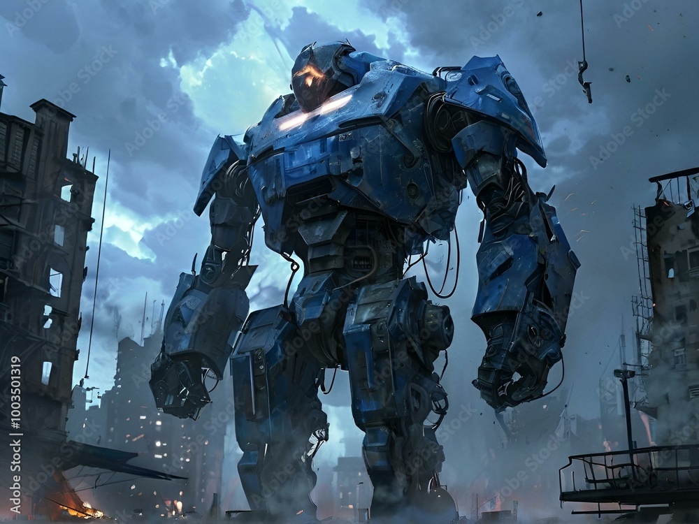 A large blue robot stands prominently in front of a bustling city skyline, showcasing its impressive stature and design. A large blue robot stands prominently in front of a bustling city skyline, showcasing its impressive stature and design.
