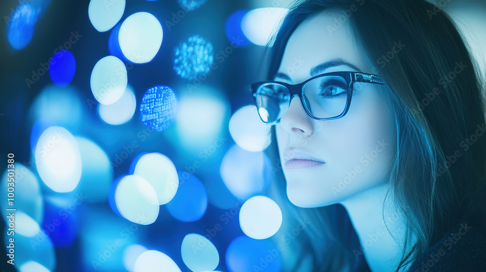 Young female programmer coding at night, illuminated by blue light, focused on screen, captured in fine art style. Young female programmer coding at night, illuminated by blue light, focused on screen, captured in fine art style.