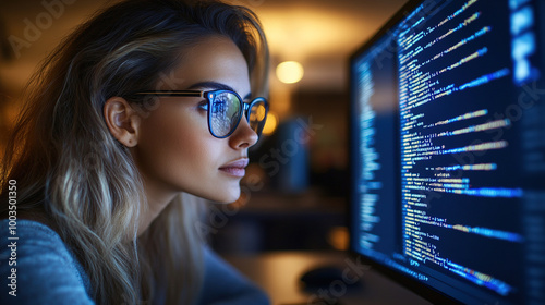 Young female programmer coding at night, illuminated by blue light, focused on screen, captured in fine art style.