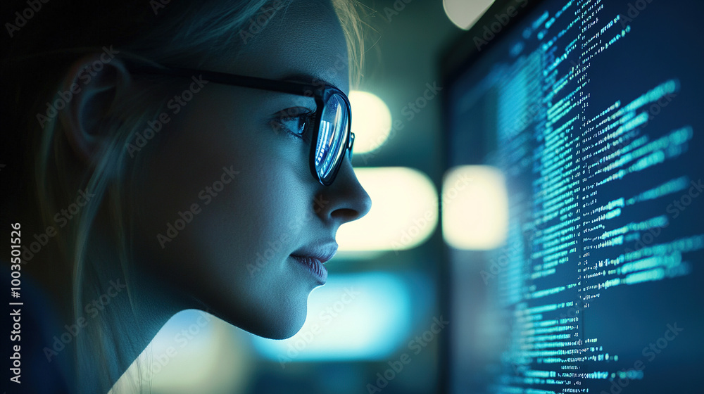 Side view of a young female programmer in glasses coding at night, illuminated by a blue light effect. Side view of a young female programmer in glasses coding at night, illuminated by a blue light effect.