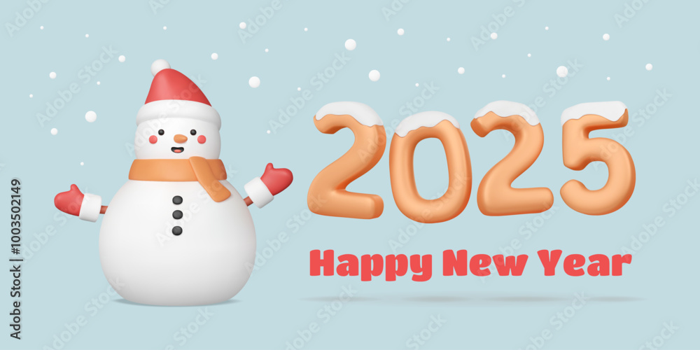 3d snowman with 2025 numbers. Happy New Year banner with cute character and inflated text on snowy blue background. Vector illustration, cartoon rendering, traditional winter element. 3d snowman with 2025 numbers. Happy New Year banner with cute character and inflated text on snowy blue background. Vector illustration, cartoon rendering, traditional winter element.