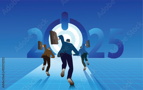 Business people running forward to target in 2025 year, , business competition, conceptual vector