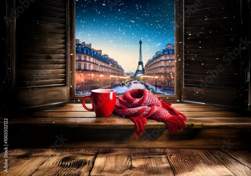 A red mug, a red scarf, and a wooden windowsill with a snowy Parisian city view outside. photo