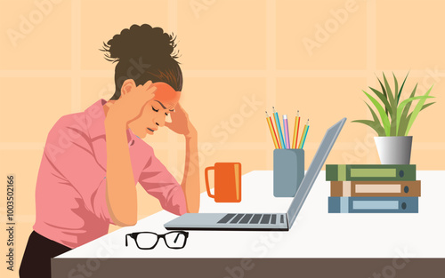 Tired  business woman with headache at office, feeling sick at work, vector