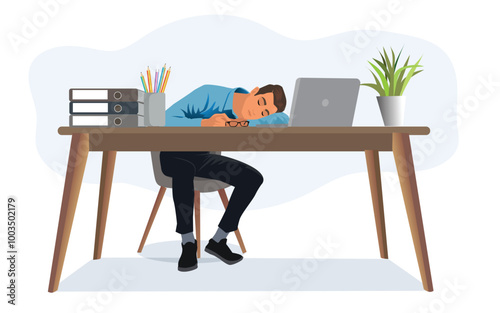 Lack of Energy Concept. Portriat Of Tired Young Middle Eastern Man Sleeping At Work, Exhausted Guy Sitting At Table With Pc Napping In The End Of Hard Working Day, Fatigued Male Worker Resting