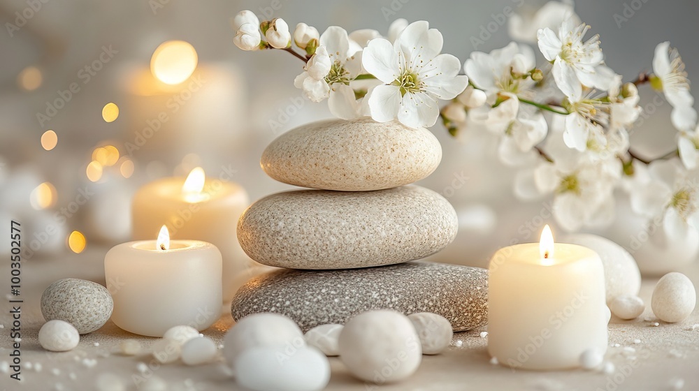 Zen stones, candles and white flower on beige background Zen stones, candles and white flower on beige background