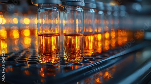 Clear glass vials filled with amber liquid on a conveyor belt in a laboratory during a production process at dusk