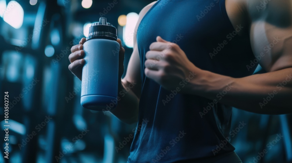 Naklejka premium A fitness enthusiast holding a shaker bottle with a protein drink, post-workout, with gym